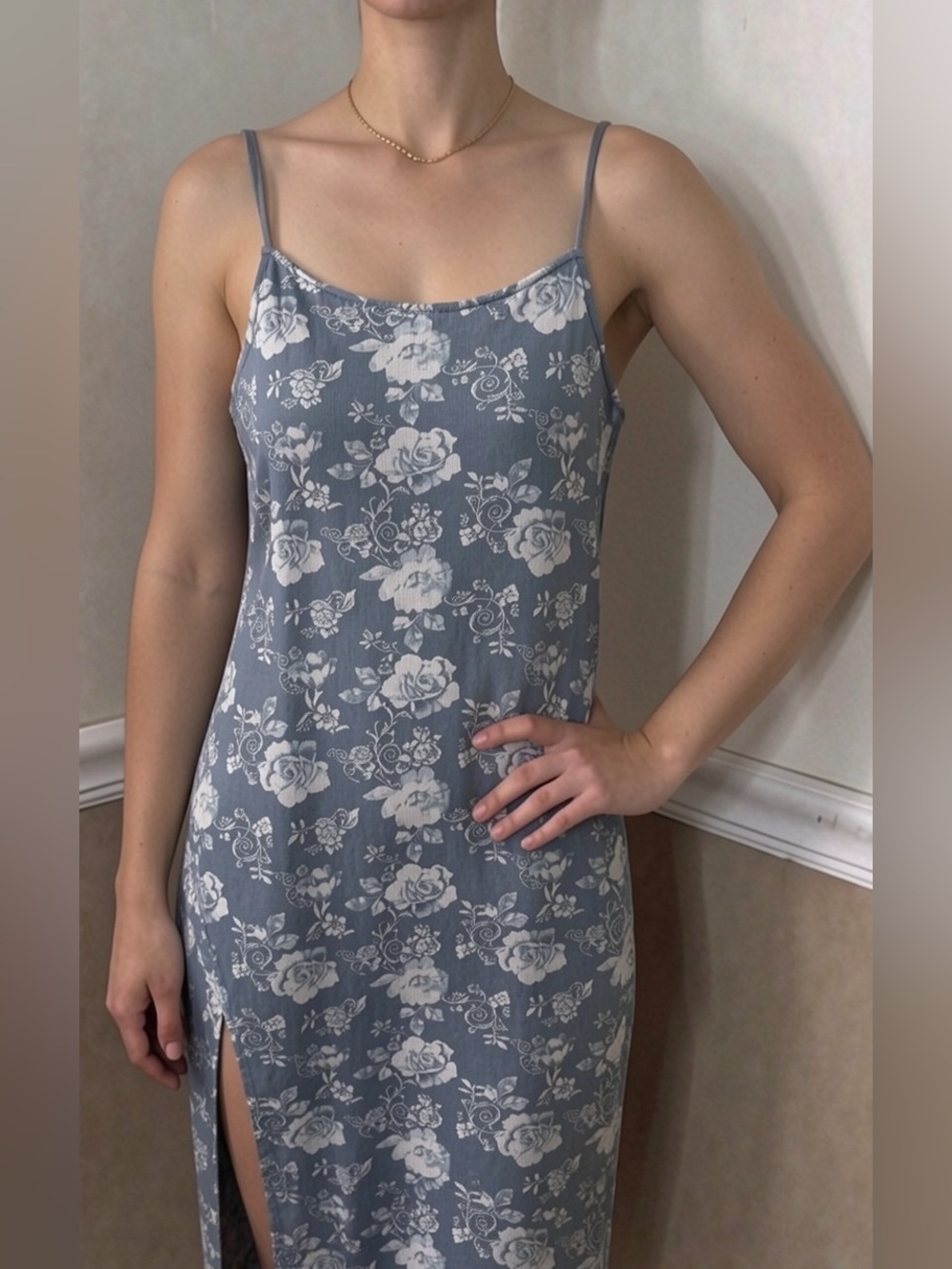🎉 2 for $20! Faded Rose Floral Slip Chemise in Dusty Blue 💜